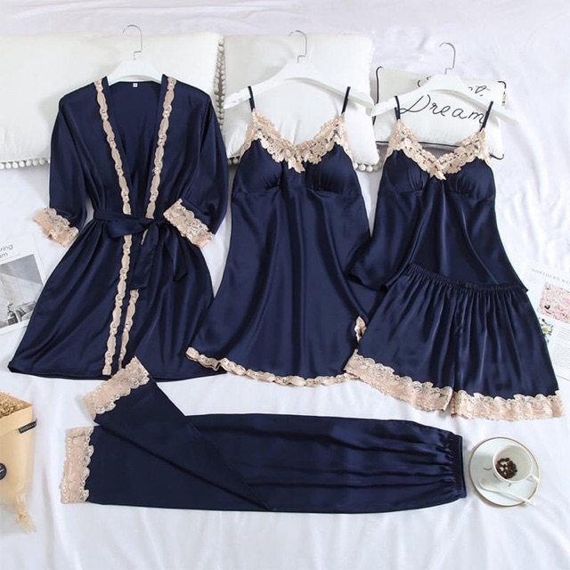 Sét ngủ lụa 5 món - combo đồ ngủ lụa choàng cao cấp 5 món