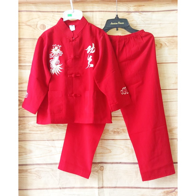 21-33kg Bộ lụa cổ tàu thêu hình rồng size đại cho bé trai