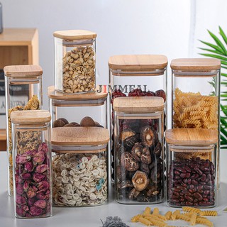 Hũ Thủy Tinh Vuông, Hộp Thủy Tinh Vuông, Lọ Thủy Tinh Vuông Nắp Gỗ Đựng Thực Phẩm, Đồ Khô, Ngũ Cốc