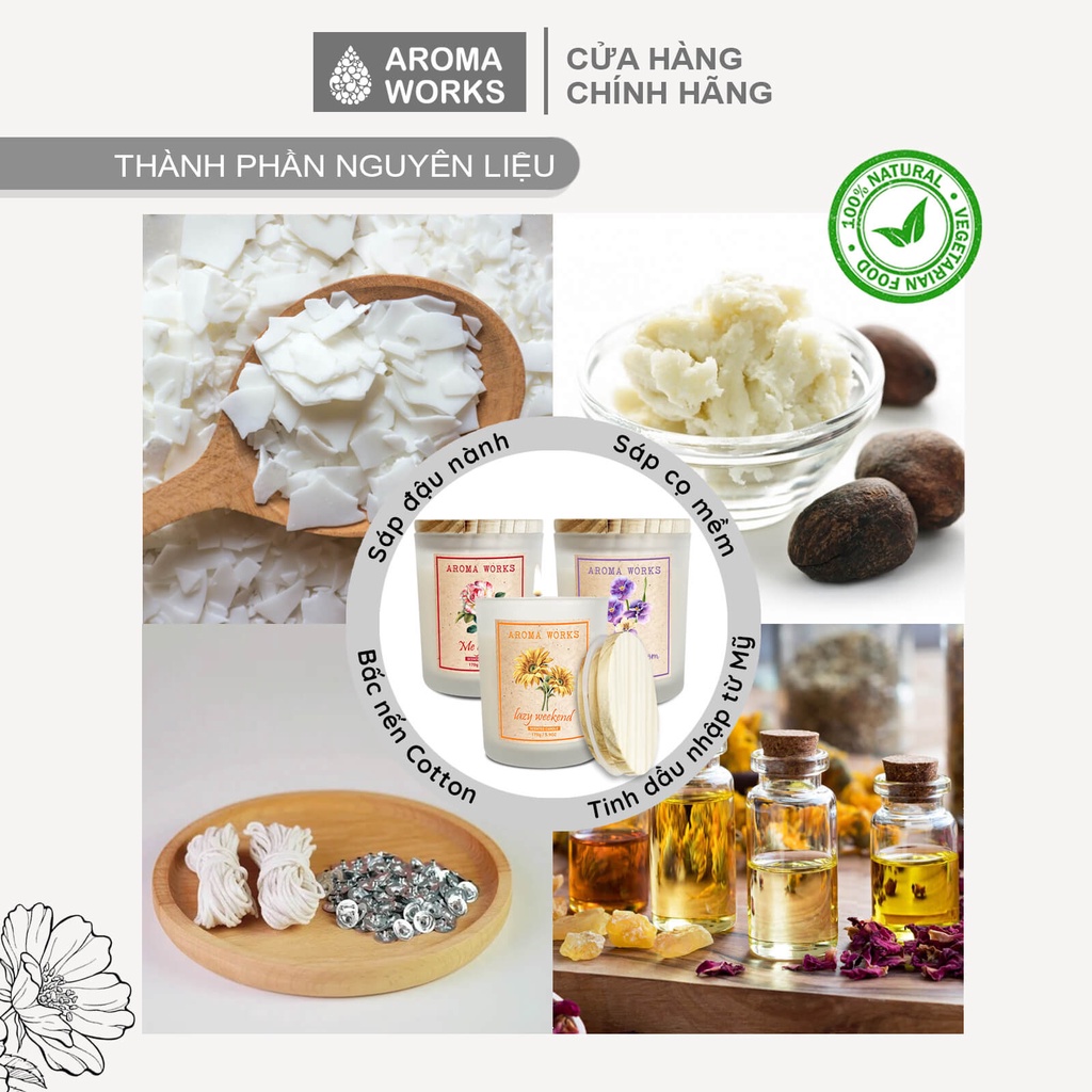 Nến Thơm Phòng Aroma Works Tinh Dầu Thiên Nhiên Không Khói 170g