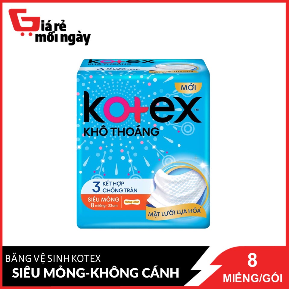 Băng Vệ Sinh Kotex Khô Thoáng 23cm Siêu Mỏng Không Cánh 8 Miếng