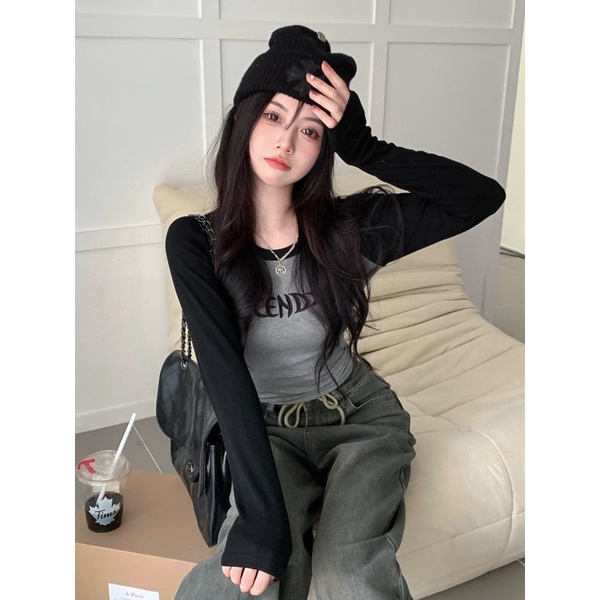 COZOK Áo Thun Lửng Tay Dài Dáng Ôm Thêu Chữ Màu Sắc Tương Phản Dễ Thương