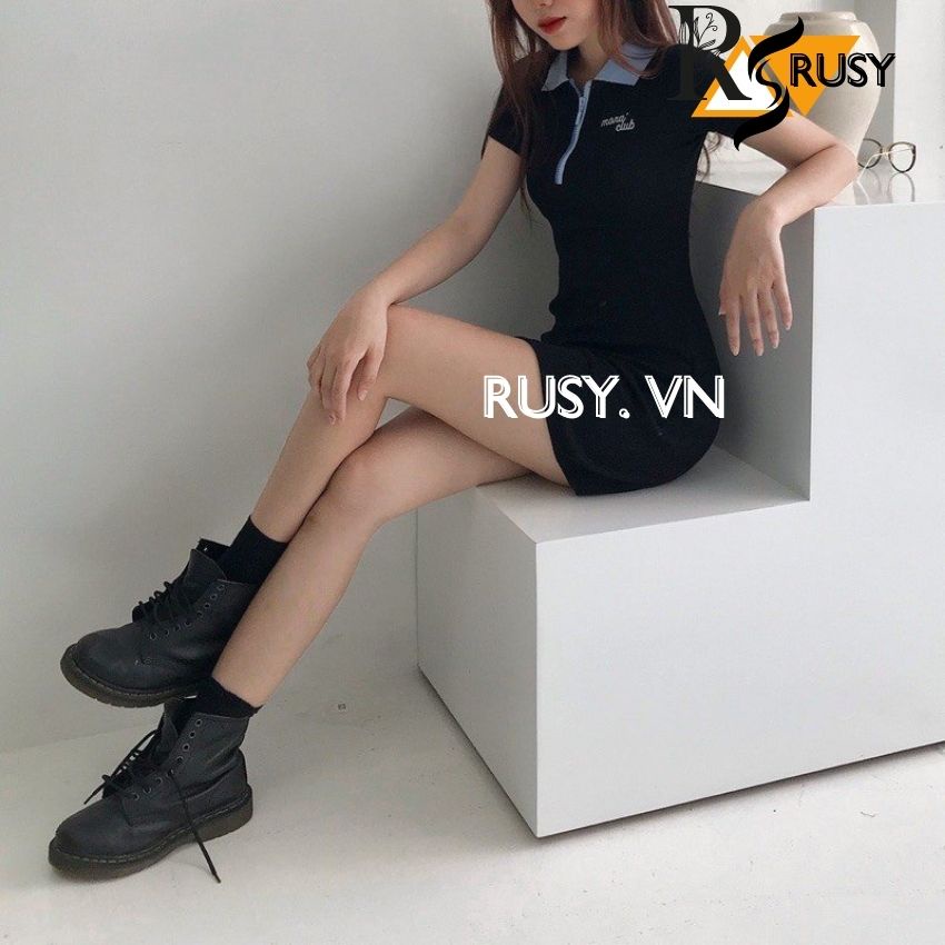 Đầm Nữ Chất Thun Gân Co Giãn Phối Cổ Polo Họa Tiết Thêu Chữ Đẹp, Kiểu Váy Ôm Dáng Năng Động Trẻ Trung cho nàng