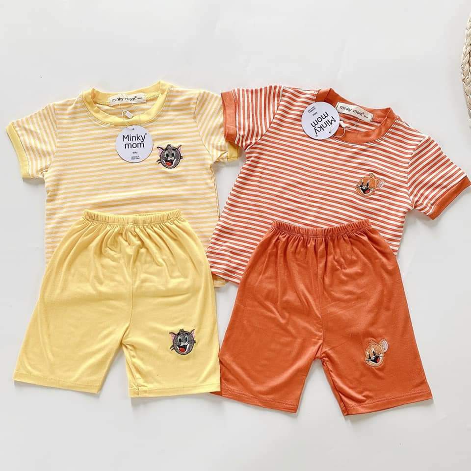 Bộ Minkymom cộc tay kẻ thêu hình mèo và gấu cho bé trai bé gái