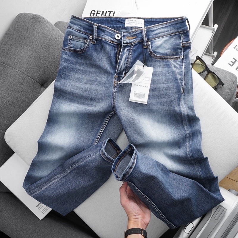 Quần jean nam xuất dư ống ôm co giãn màu xanh  slimfit VNXK xịn
