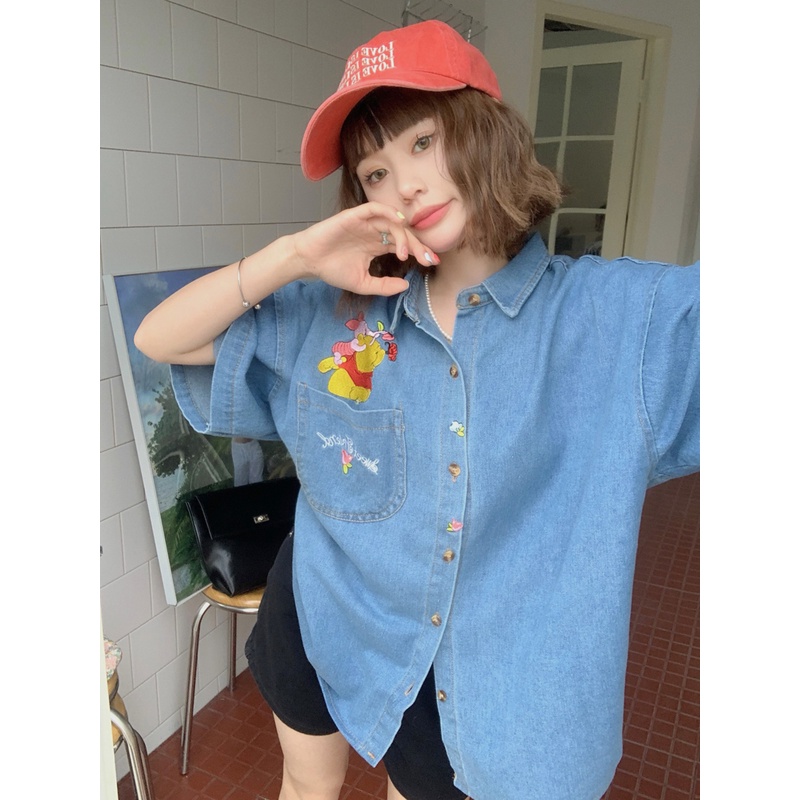 Áo Sơ Mi Denim Tay Ngắn Dáng Rộng In Gấu Hoạt Hình Phong Cách Nhật Bản Thời Trang Mùa Hè Cho Nữ 2022