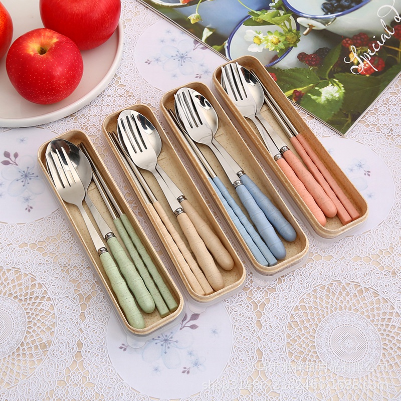 Bộ Muỗng Đũa Nĩa Inox Ko Gỉ Kèm Hộp Đựng Màu Pastel Dùng Cá Nhân / Cơm Văn Phòng #409