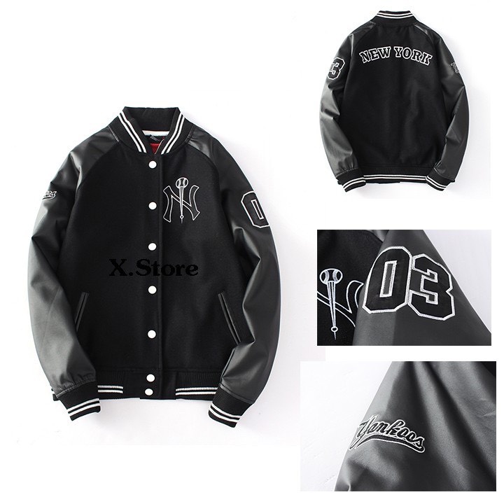 ÁO Bomber NYMLB tay da đen bóng chày ️ [SIÊU GIẢM GIÁ 50%]