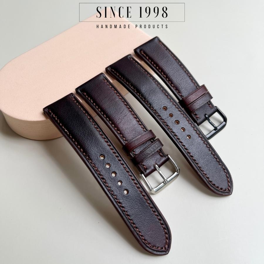 Dây Đồng Hồ Da Bò Nam 20mm 22mm 24mm, Da Thật, Handmade, Chống Nước, Chính Hãng, Màu Nâu Đậm, Bảo Hành 12 Tháng