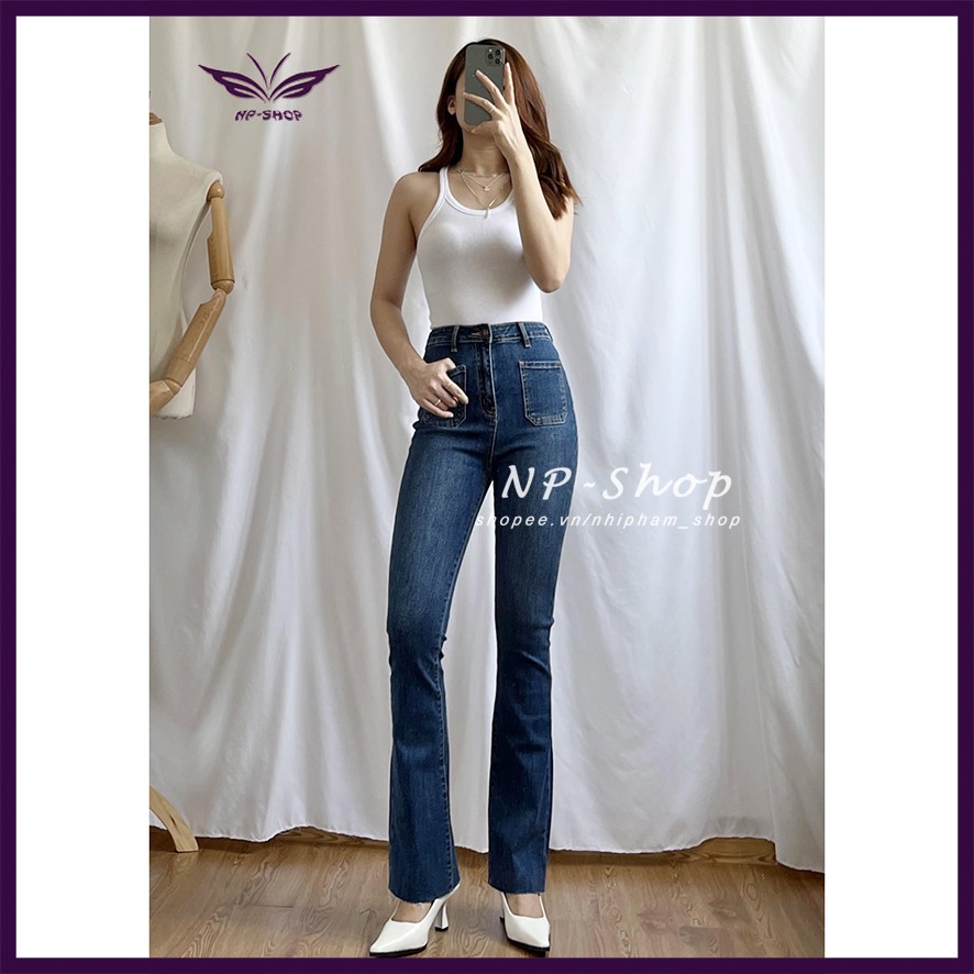 Quần jean ống loe NPSHOP lưng cao túi vuông cắt lai , quần bò nữ cạp cao loe nhẹ dài sang chảnh | BigBuy360 - bigbuy360.vn