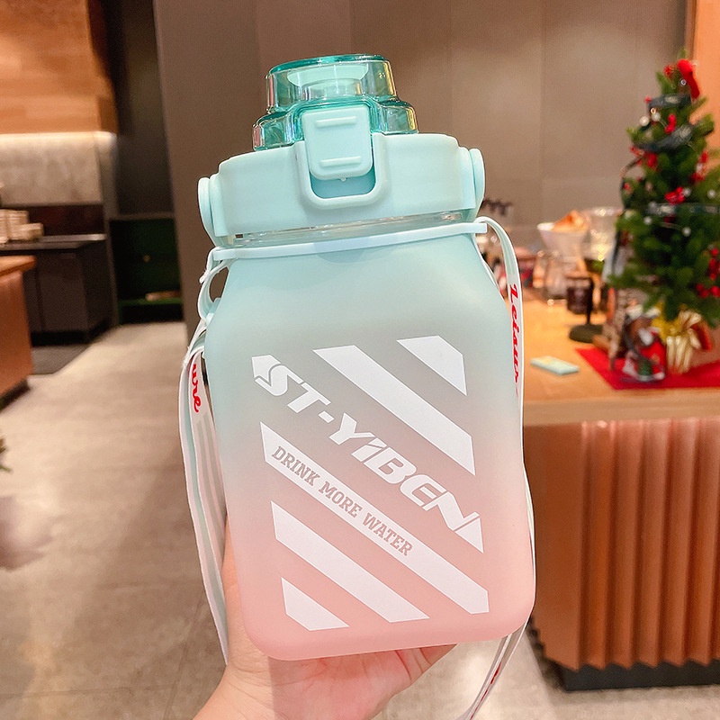 Bình nước 1500ml, bình đựng nước cute, có vạch chia tặng dây đeo ống hút,sticker