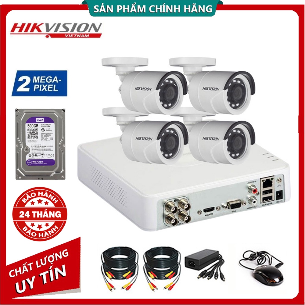 [FREESHIP⚡️]Bộ Camera giám sát HIKVISION Full HD 1080P - Trọn bộ 4 mắt 1080P + Đầu ghi + HDD500G