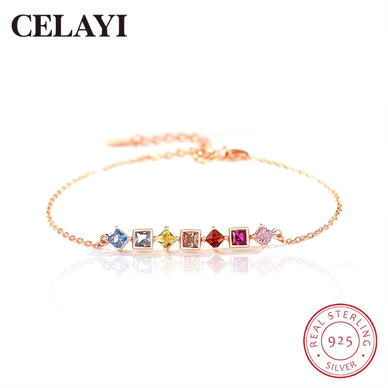 Vòng Tay Bạc S925 Mặt Vuông Nhỏ Đính Đá Zircon Nhiều Màu Sang Trọng Dễ Phối Đồ Thời Trang Cho Nữ