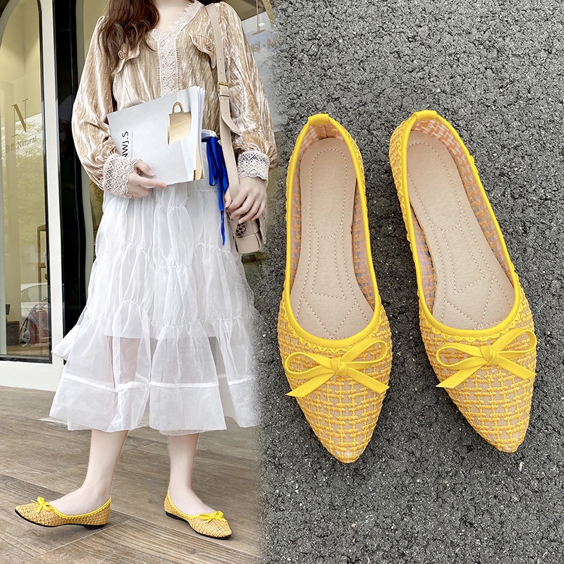 Giày búp bê mũi nhọn đế chống trượt đính nơ thời trang Hàn Quốc cho nữ