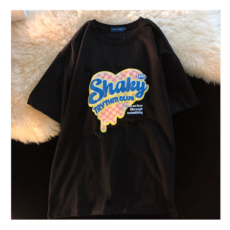 Áo thun tay ngắn dáng rộng in hình trái tim và chữ phong cách hàn quốc thời trang mùa hè cho nam và nữ