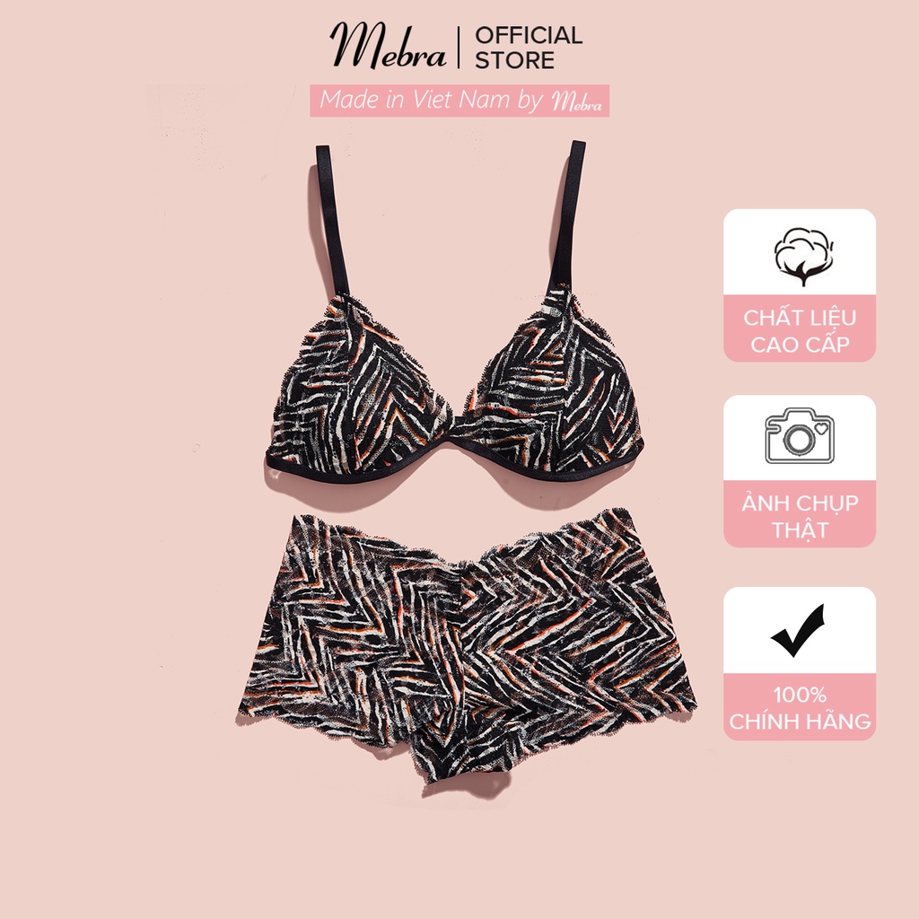 Set đồ lót bralette ren vằn thiết kế không gọng mút mỏng quần boxer áo có tăng đơ 4 chiều thương hiệu Mebra A098