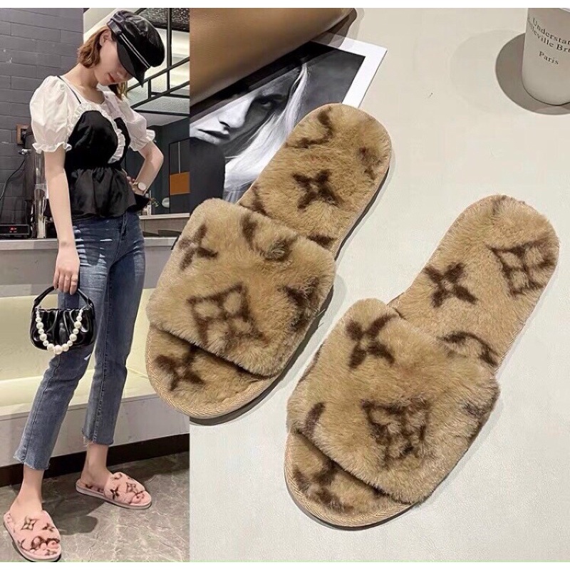 Dép lông quai ngang Lv cao cấp, dép lông nữ quai ngang đi trong nhà