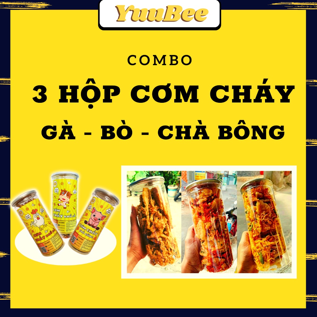 Combo 3 món cơm cháy khô gà, cơm cháy chà bông, cơm cháy khô bò 900g YUUBEE giòn ngon bổ rẻ - Đồ ăn vặt Việt Nam