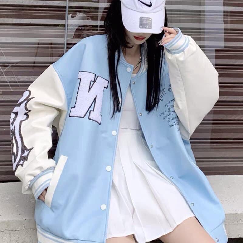 Áo khoác , áo bomber full da 2 màu xanh đen phối trắng họa tiết thêu nổi nam nữ mặc đều đẹp