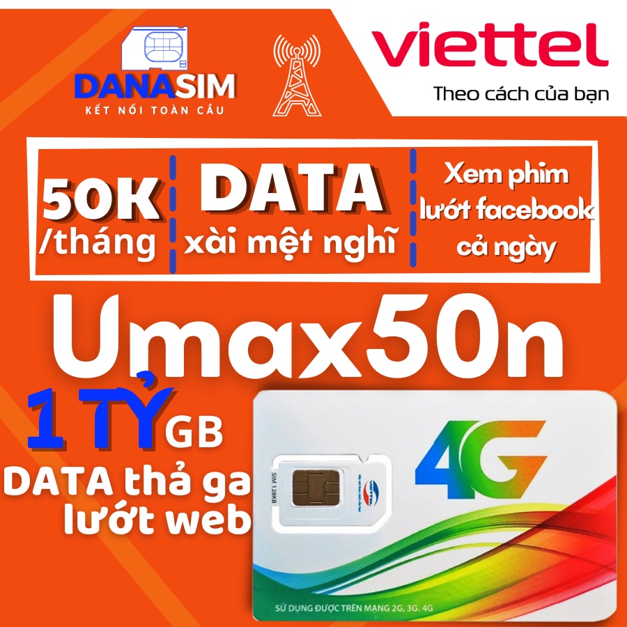 Sim 4G Viettel 1 năm UMAX50N Data Không giới hạn, Max băng thông, Thoải mái xem phim, chơi game, dùng toàn quốc