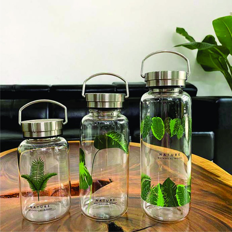 Bình Nước Thủy Tinh Cao Cấp - In Họa Tiết Lá Cọ - 550ml - 750ml - 1000ml