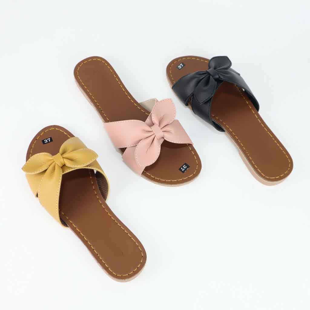 [BẢO HÀNH 12 THÁNG] dép nữ da quai ngang thắt nơ hình lá cây HÀNG LOẠI 1