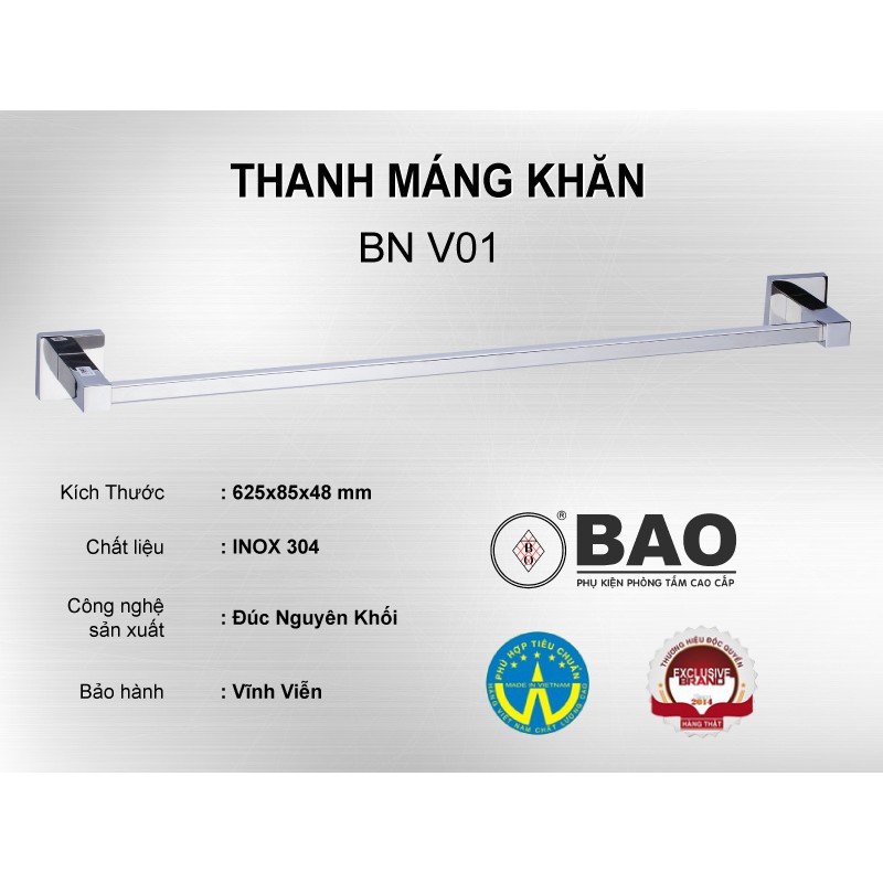 Thanh máng khăn BAO BNV01 trắng bạc, đúc nguyên khối, bảo hành vĩnh viễn