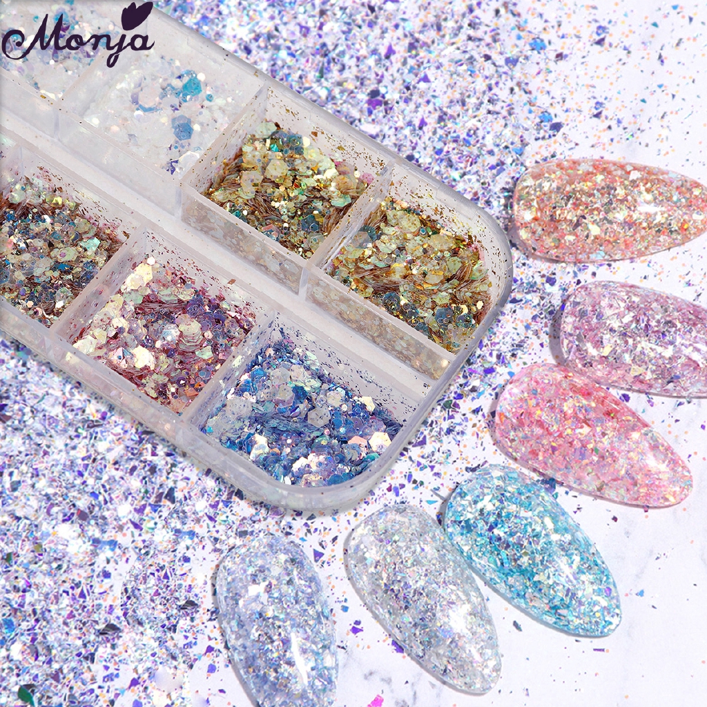 MONJA Hộp sequin hình lục giác 12 ngăn dùng để trang trí móng nghệ thuật