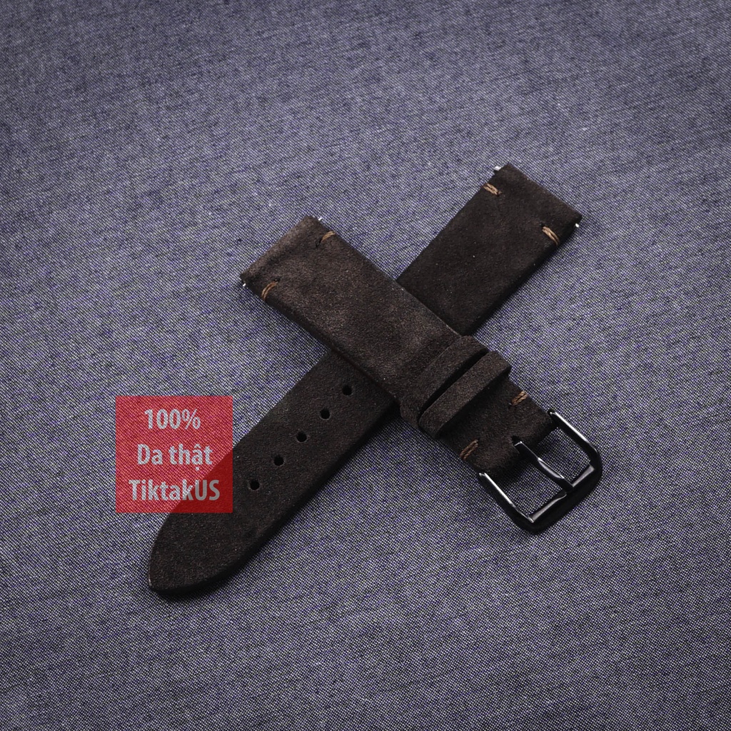 Dây đồng hồ da bò Vintage không chỉ viền khóa thép đen chất liệu da lộn, nhiều màu, dủ size