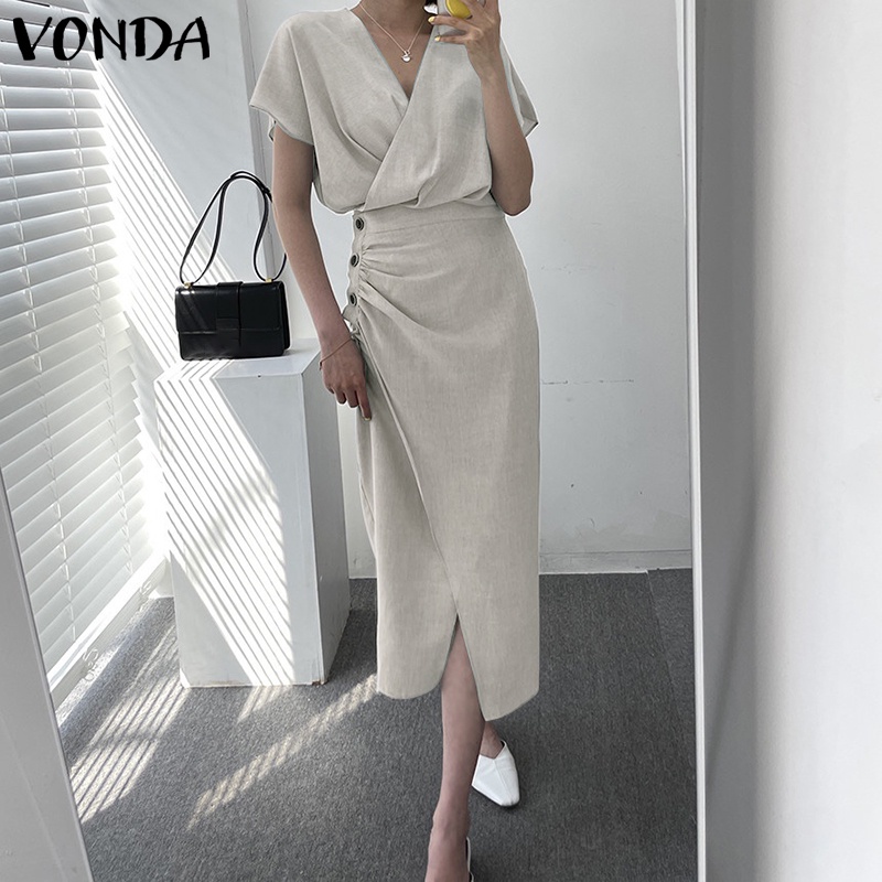 Đầm Dài Cổ Chữ V Tay Ngắn Màu Trơn Phong Cách Hàn Quốc Dành Cho Nữ