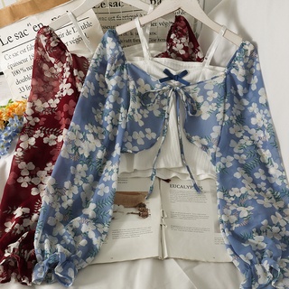 Áo croptop nữ hai mảnh mix áo hai dây họa tiết hoa nhẹ nhàng