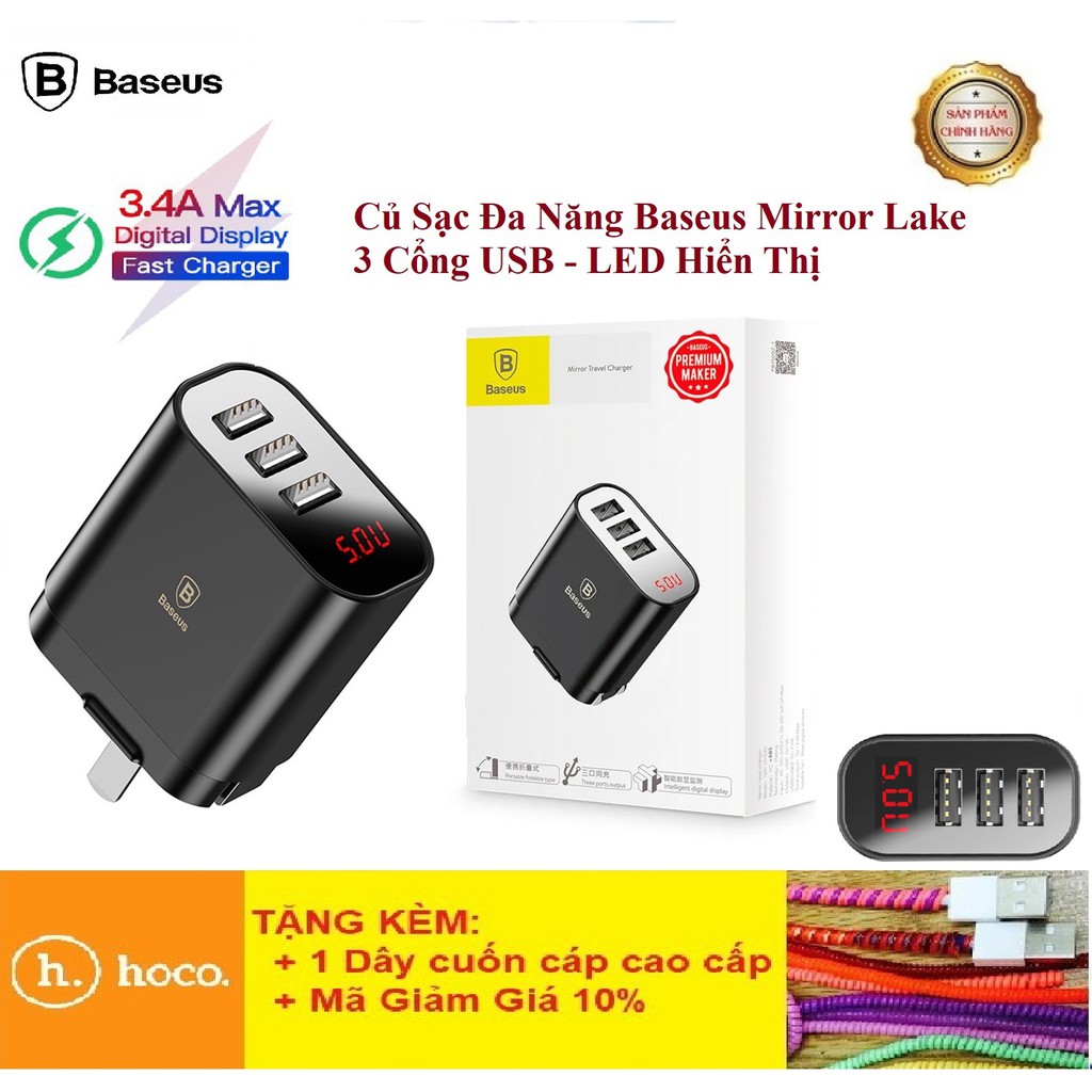 Củ Sạc Đa Năng 3 Cổng USBĐÈN LED HIỂN THỊCốc Sạc Baseus Mirror Lake LCD Thông Minh - Bảo Hành 12T