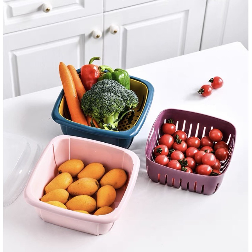 Set rổ nhựa 3 chi tiết có rổ, chậu và nắp đậy. Bảo quản thực phẩm, hoa quả mà không lo mất nước