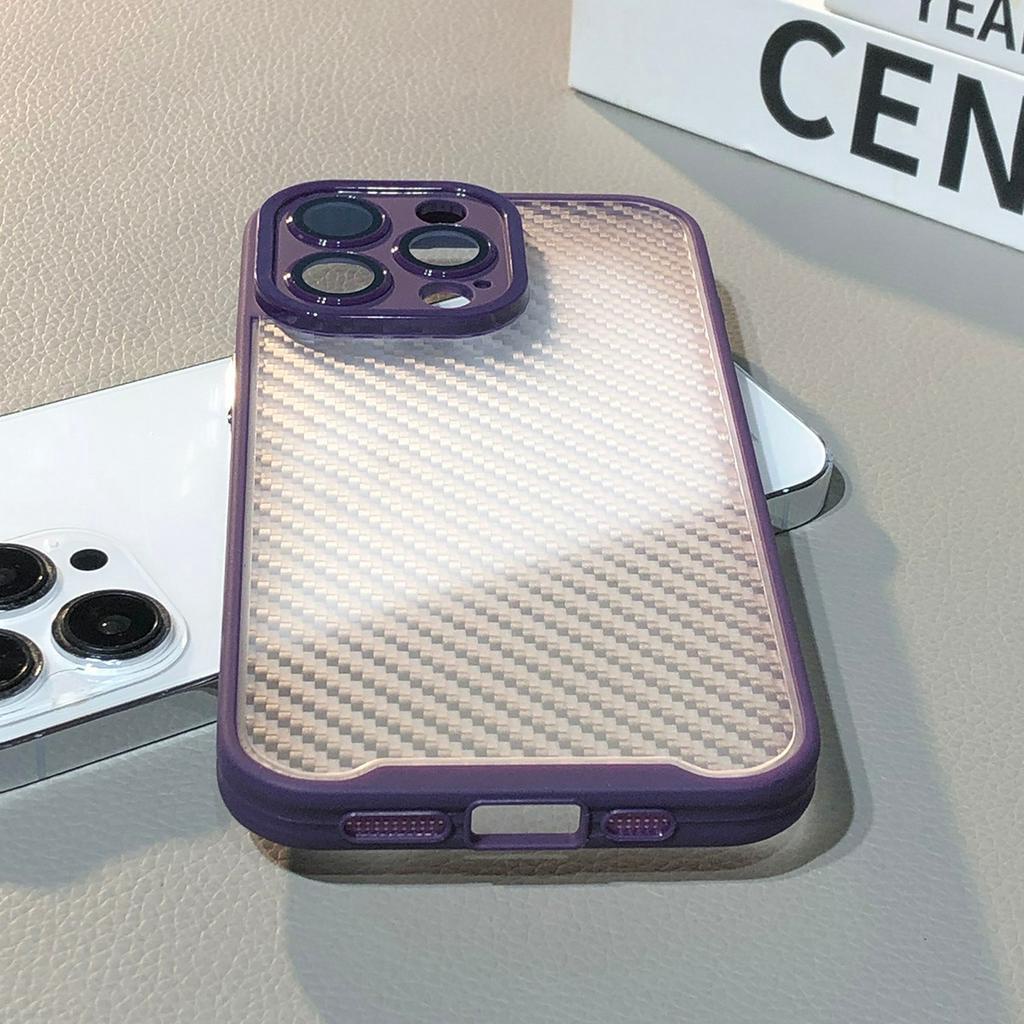 Ốp Điện Thoại Cứng Họa Tiết Sợi Carbon Màu Trắng Kèm Phim Dán Ống Kính Máy Ảnh Cho compatible for iPhone 11 12 13 14 pro max