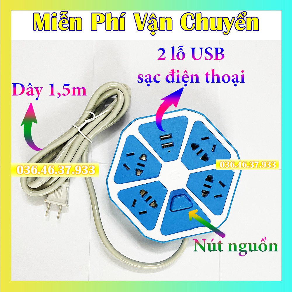 Ổ cắm điện tròn đa năng chống giật 4 lỗ cắm điện 2 lỗ USB sạc điện thoại dây dài 1.5 mét