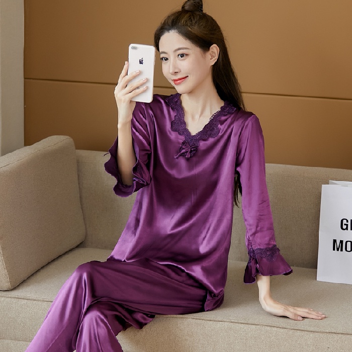 Bộ Đồ Ngủ Dài Tay Bằng Lụa Satin Thời Trang Hàn Quốc Cho Nữ Plus Size M-4XL