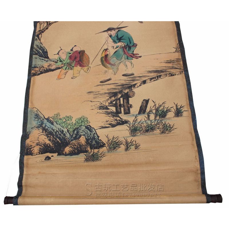 Tranh giả cổ KHÊ SƠN NGƯ TIỀU, Tranh giấy xuyến chỉ viền bo lụa size lớn 155 x 74cm