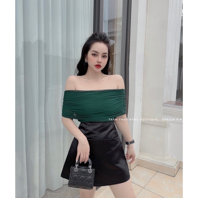 Set áo lưới trễ vai + chân váy dáng A