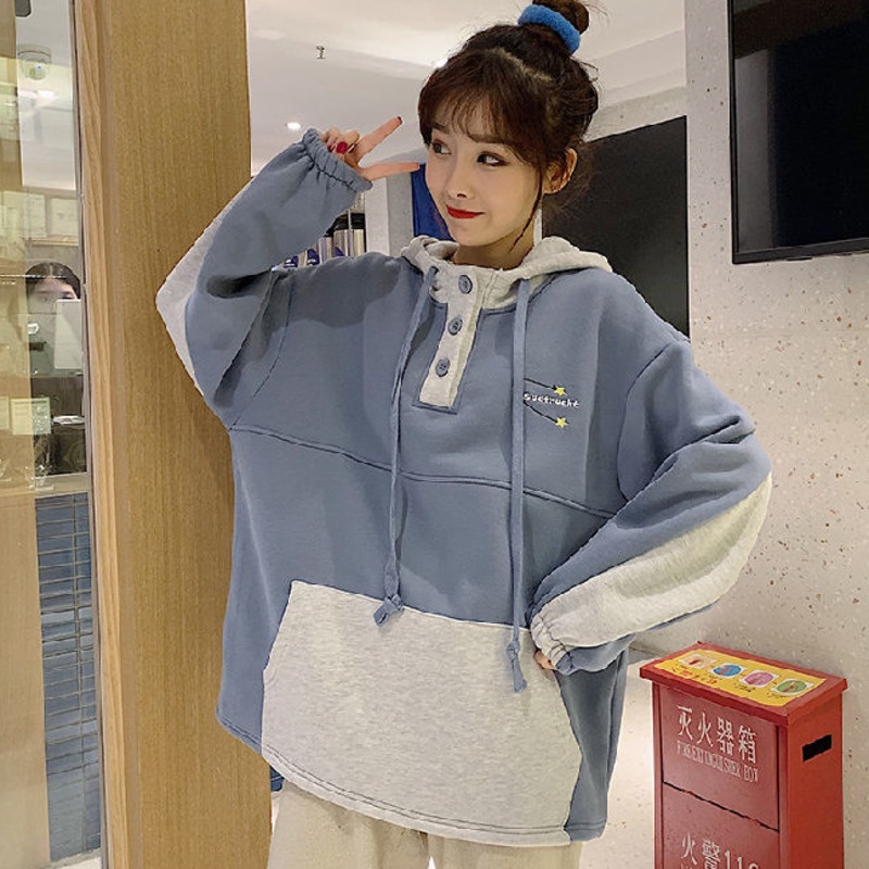 Áo hoodie dài tay màu sắc tương phản phong cách Hàn Quốc