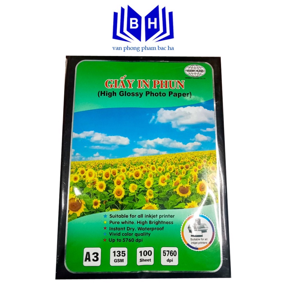 Giấy In Phun A3 - A4 Cao Cấp Mạnh Hưng ĐL 135 gsm,Bóng 1 Mặt