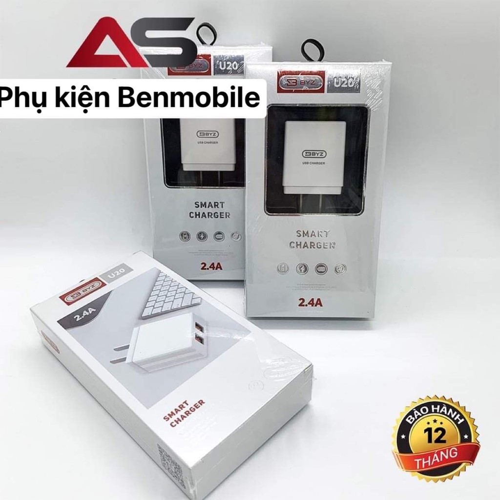 Bộ Sạc Nhanh 2 Cổng BYZ-U20 - 2.4A - Kèm Cáp Sạc Nhanh Chống Cháy Nổ - Chính Hãng