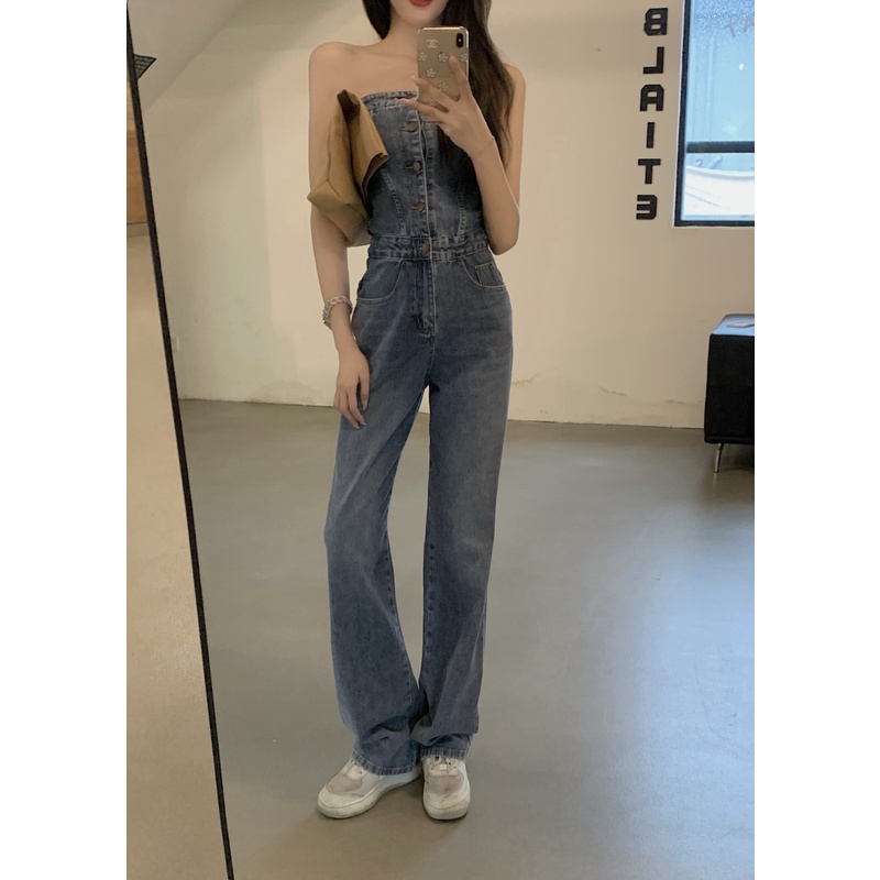 Cocory vn Áo liền quần ống rộng chất liệu denim thời trang mùa hè quyến rũ cho nữ