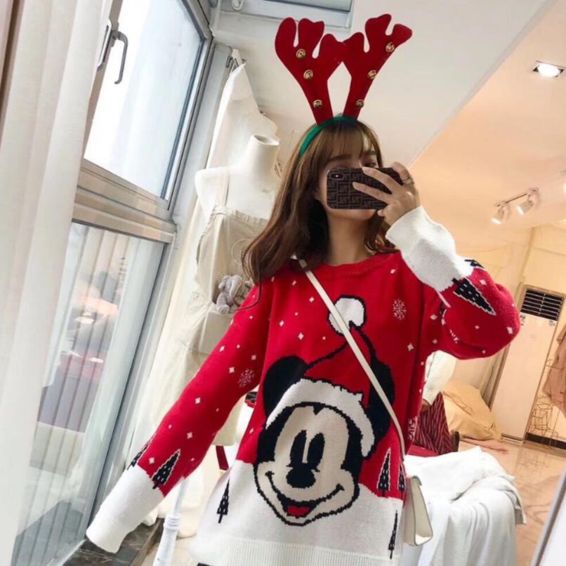 Áo sweater cổ tròn hoạ tiết chuột Mickey phong cách Giáng Sinh