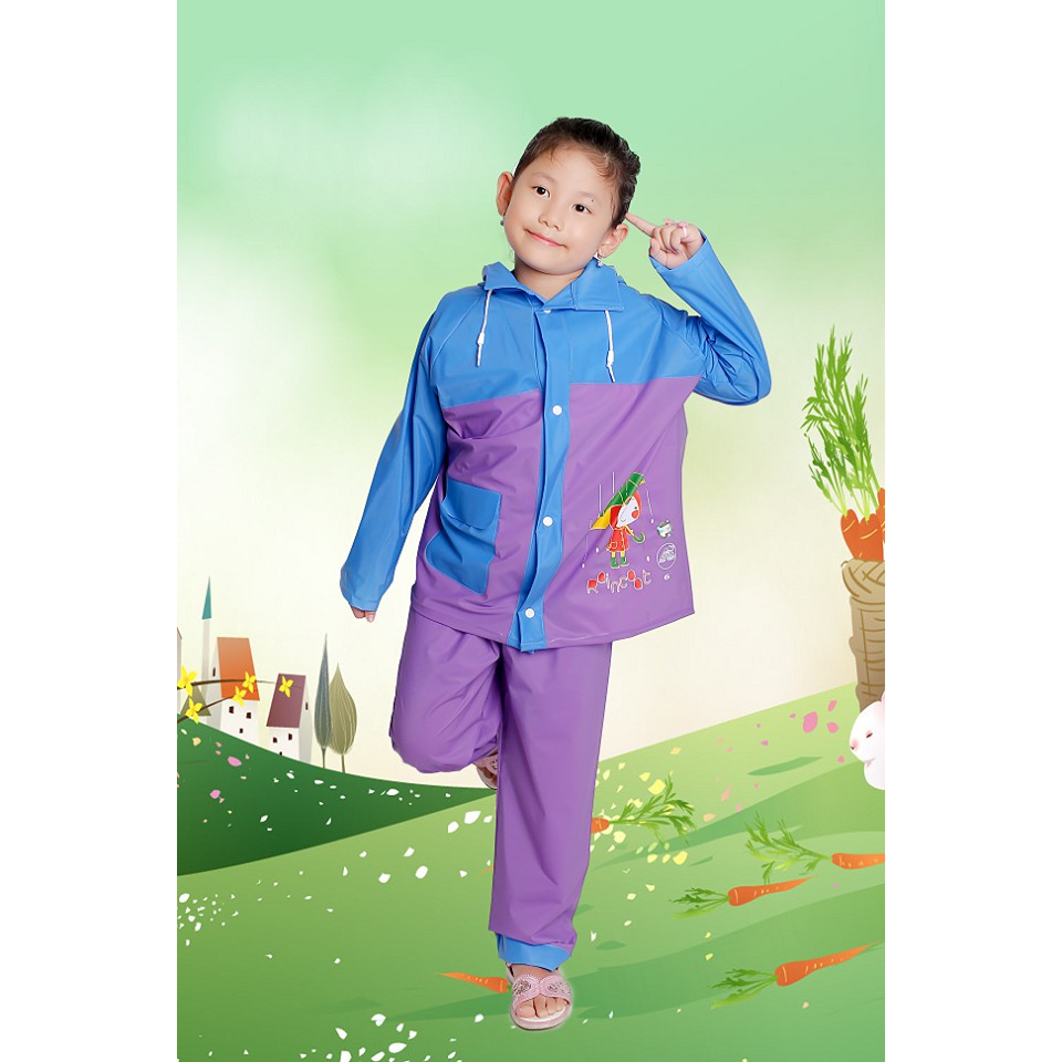 Bộ quần áo mưa trẻ em Sơn Thủy có che cặp sách (Hồng/Tím/Cam)