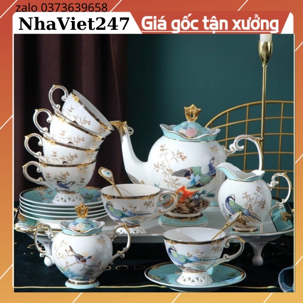 Bộ Ấm Chén Pha Trà Sứ Xương Vẽ Vàng 24K Cao Cấp-Hoạ Tiết Chim Công-Bộ Tách Trà Đẹp Sang Chảnh Độc Đáo,Quà Tặng ý Nghĩa