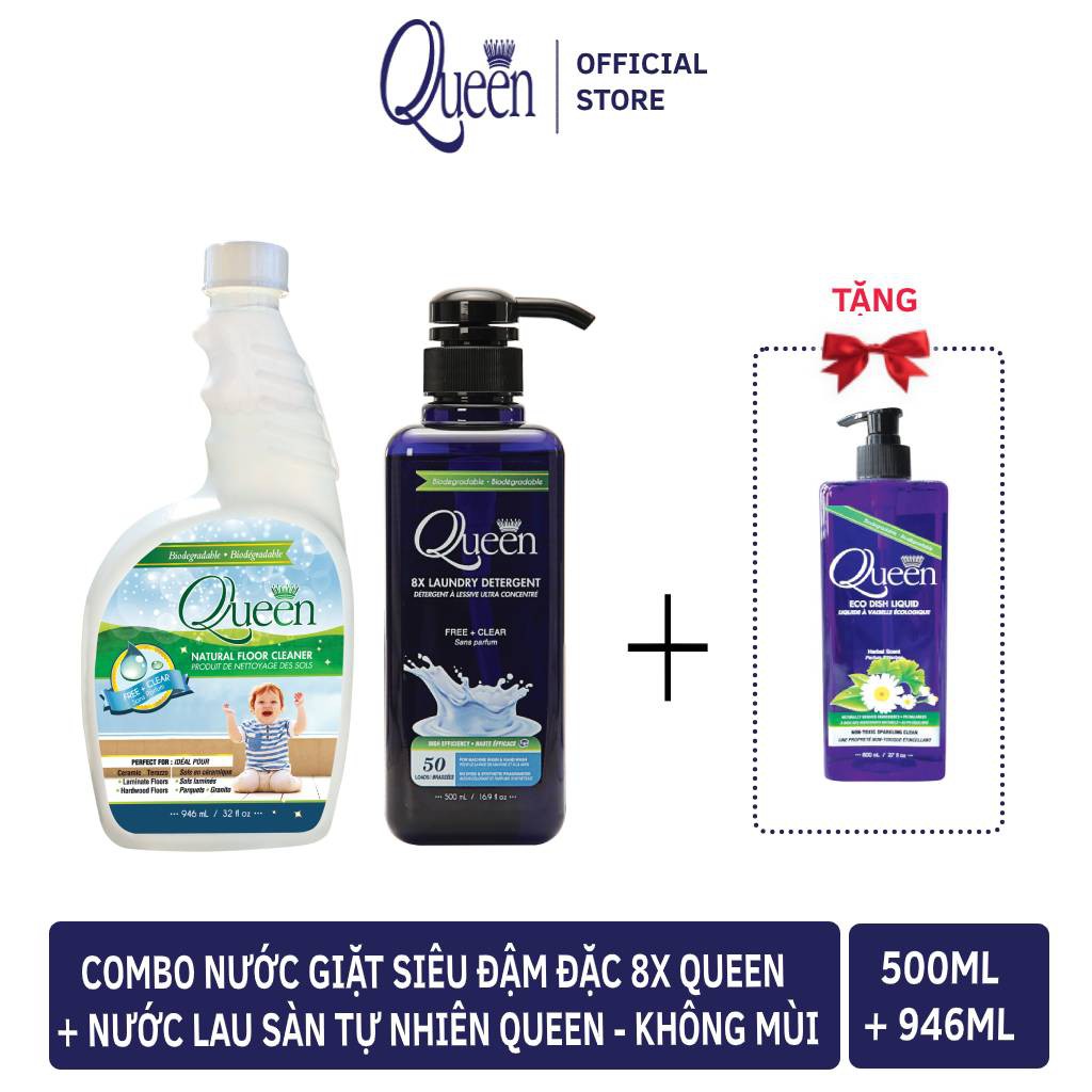 [Combo Tiết Kiệm] Nước giặt 8x Queen Không Mùi & Nước lau sàn Queen Không Mùi 500ml + 946ml Tặng Nước rửa chén Queen 800