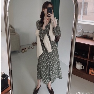 Đầm midi tay dài cổ chữ v họa tiết hoa phong cách retro 45981