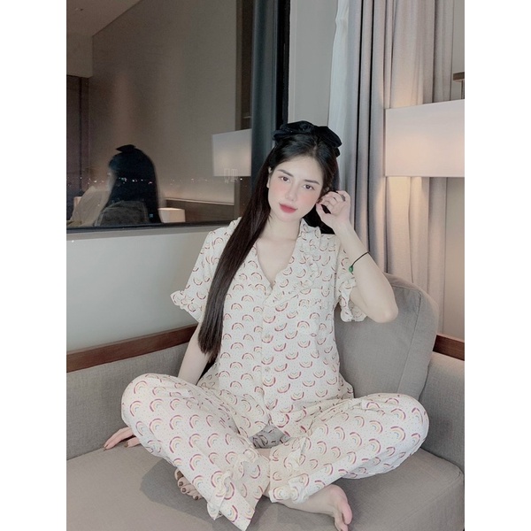 Bộ pijama viền bèo chất đũi xốp mặc nhà nữ siêu xinh