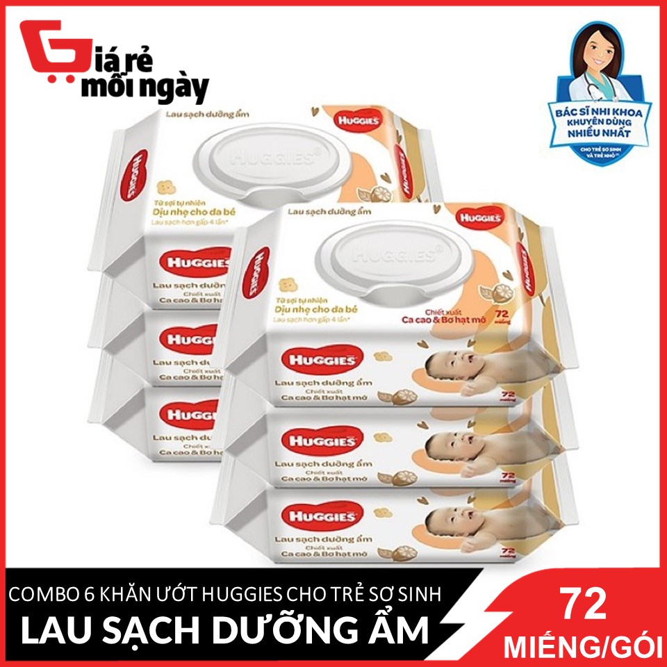 Combo 6 gói Khăn ướt Huggies [Nâu] dịu nhẹ cho trẻ sơ sinh chiết xuất Cacao và Bơ hạt mỡ 72 miếng/gói X6