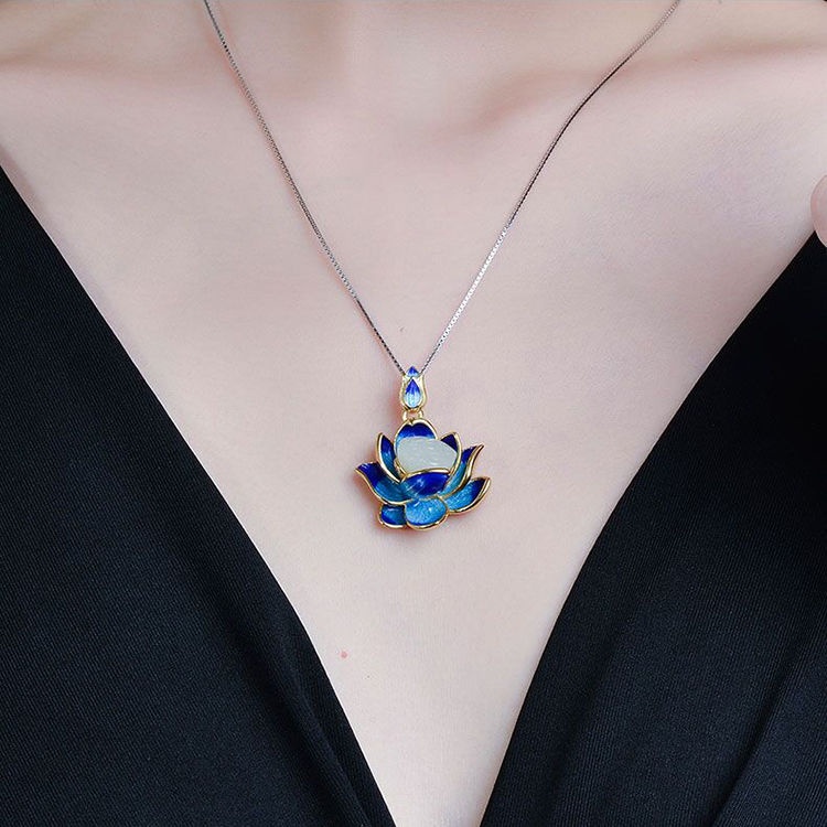 Cloisonne Vòng cổ Mặt Hoa Sen Đá Ngọc Bích Trắng Phong Cách retro